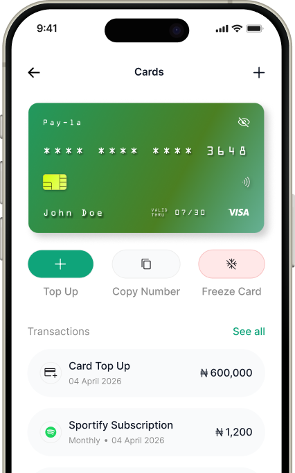 Payla mobile app showing virtual cards
